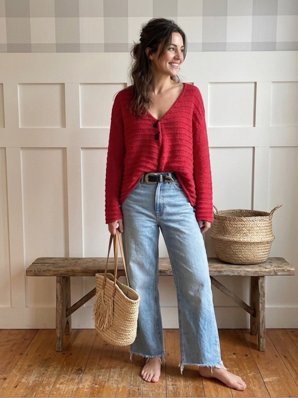 Habitat Red Textured Knit‎ Cardigan Size Small